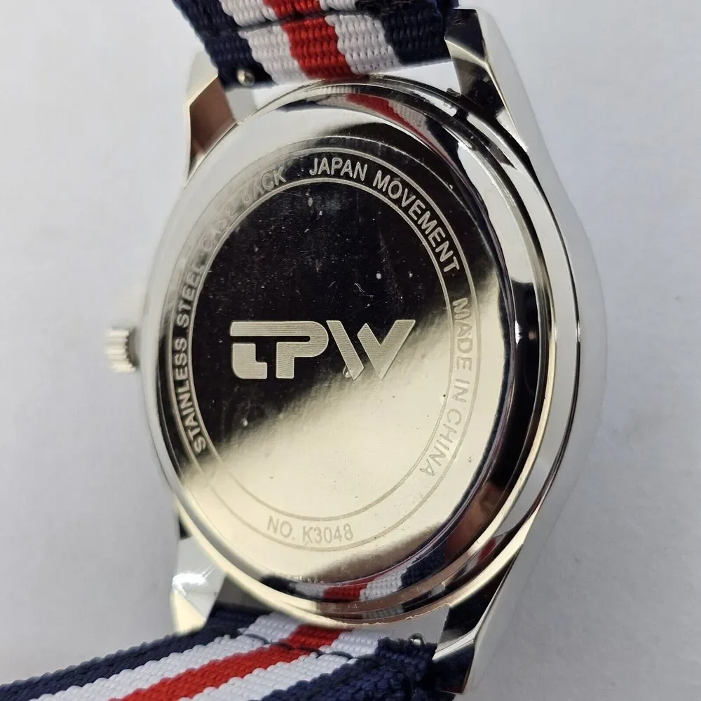 Men's Field Military Watch 42MM‎ Black Dial Blue White Red Canvas Band Straps